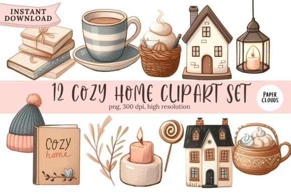 Download 12 Cozy Hygge Hone Elements Clipart Set - Cozy hygge Collection